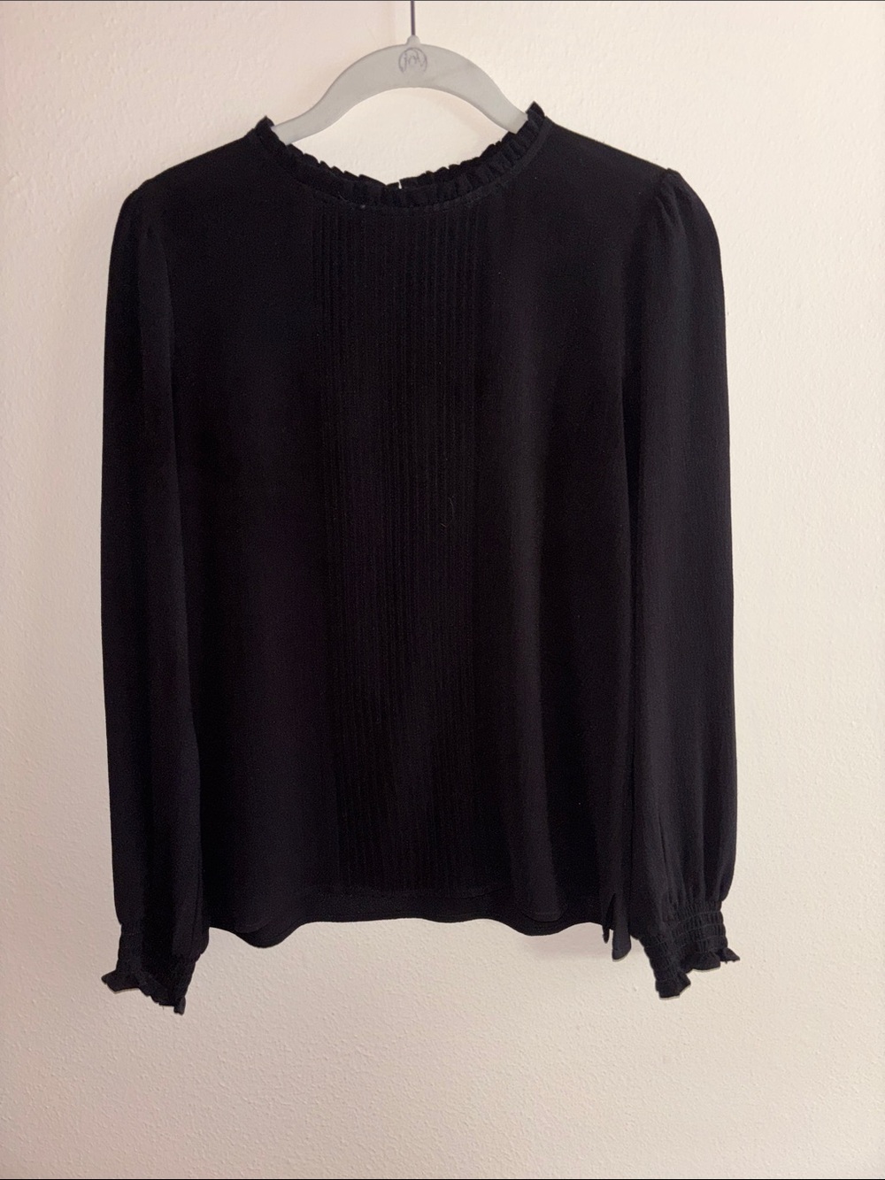 CeCe Black Long-Sleeve Pleated Blouse with Ruffled Neck &  elasticised cuffs